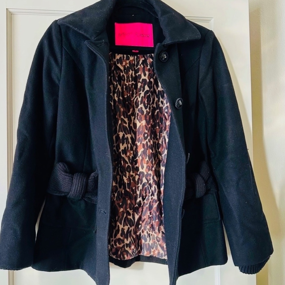 Betsey Johnson Black Pea Coat with Leopard Print Lining Size 8 - Picture 3 of 7